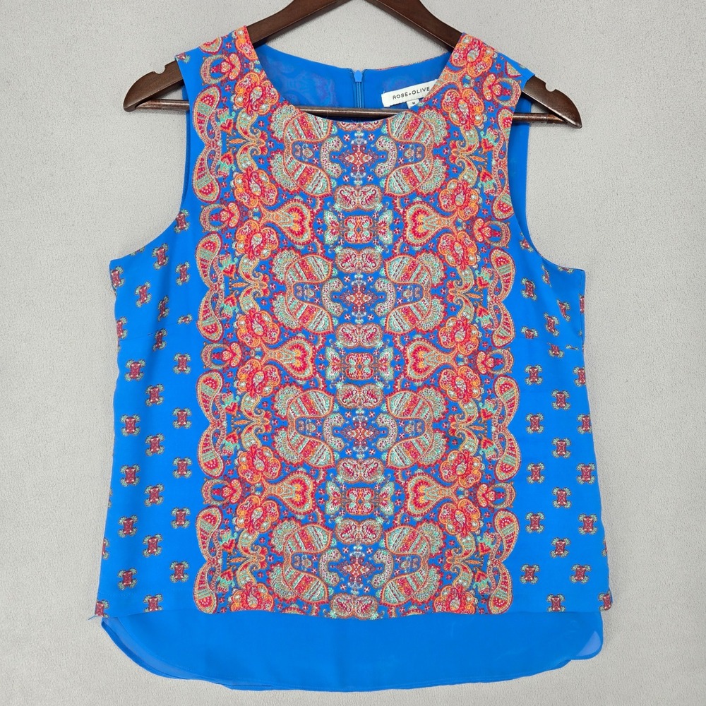 Rose + Olive Medium Sleeveless Paisley Print Blouse Women Boho Chiffon Hem Top